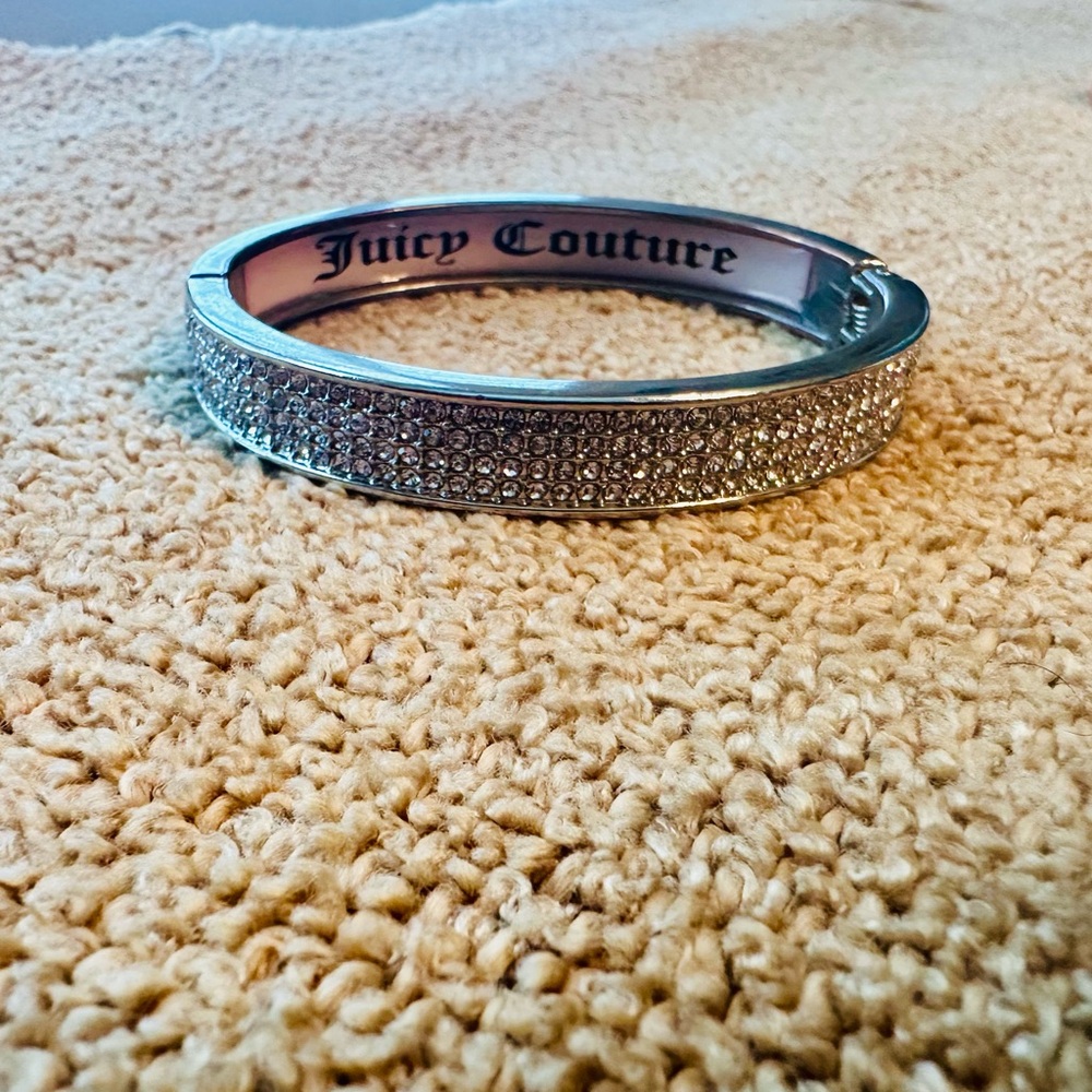 Juicy Couture Silver Vintage Y2K Bangle Braclet With White Page Rhinesto…